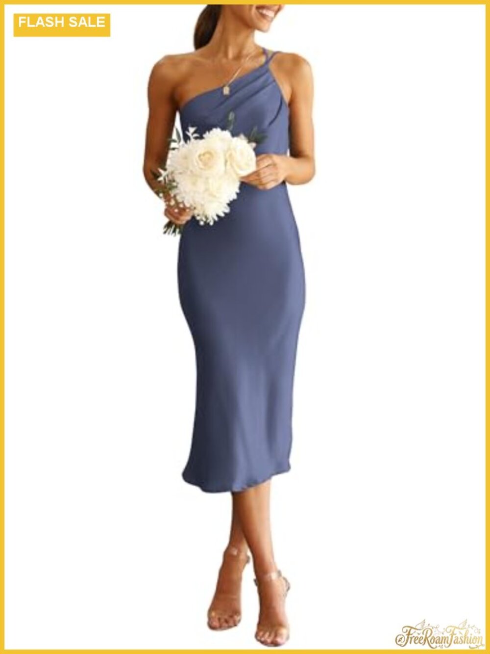 Satin Backless Midi Cocktail Bodycon Dress - One Shoulder Ruched Sleeveless